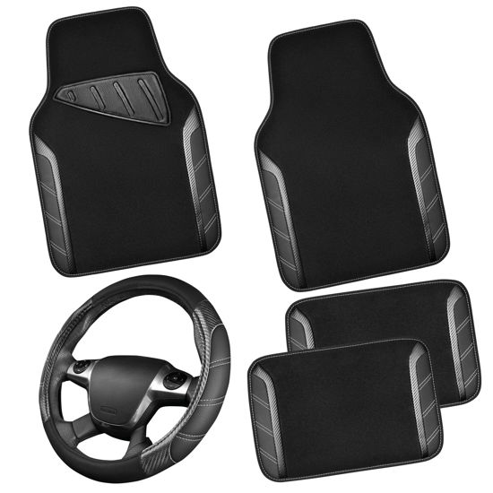 Picture of CAR PASS Leather Steering Wheel Cover and Waterproof Car Floor Mats,Microfiber Universal Car Combo Fit for 95% Sedan,SUV,Cars,14.5-15inch Sporty Anti-Slip Safety Comfortable Design(Carbon Fiber Black)