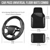 Picture of CAR PASS Leather Steering Wheel Cover and Waterproof Car Floor Mats,Microfiber Universal Car Combo Fit for 95% Sedan,SUV,Cars,14.5-15inch Sporty Anti-Slip Safety Comfortable Design(Carbon Fiber Black)