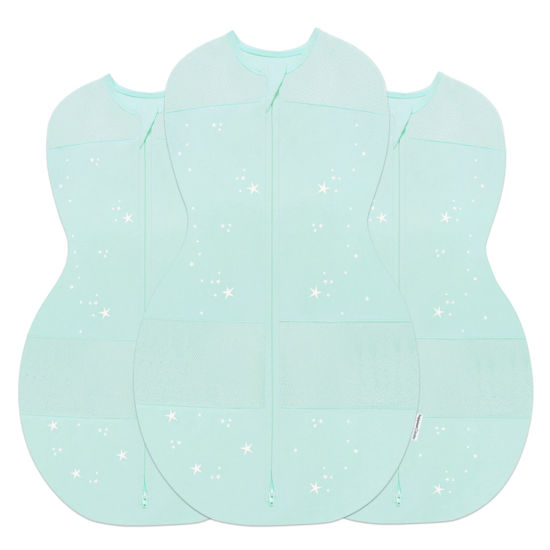 Picture of Happiest Baby Sleepea 5-Second Swaddle - 100% Organic Cotton Baby Swaddle Blanket - Doctor Designed Promotes Healthy Hip Development - 3-Pack Bundle (Teal Stars, S, M, L)