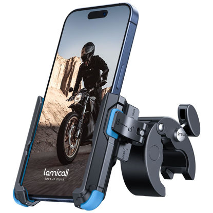 Picture of Lamicall Motorcycle Phone Mount Holder - [Camera Friendly] [1s Lock] Bike Phone Holder Handlebar Clamp, Bicycle Scooter Phone Clip, for iPhone 15 Pro Max, 14, 13, 2.4~3.54" Wide Phone, Blue