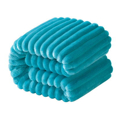 Picture of NTBAY Plush Flannel Oversized Baby Blanket, 50X60 Inches Soft and Warm Toddler Blanket with Striped Texture Nursery Bed Blanket for Stroller, Crib, Travel, Baby Gift, 50"x60", Turquoise