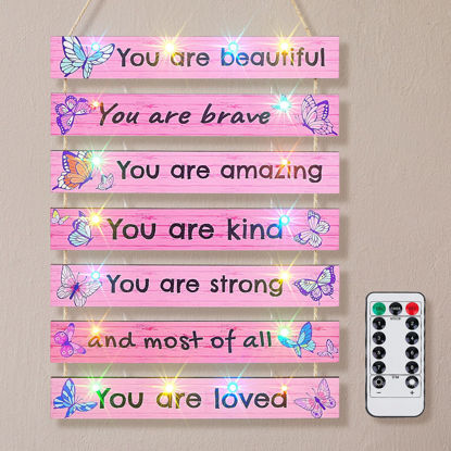 Picture of FIOBEE Girls Room Décor for Teen Girls Boys with LED Light Nursery Wall Décor for Bedroom Motivational Inspirational Wall Art Girl Room Decoration for Kids Living Room, 8 Kinds of Lights, Pink Butterfly
