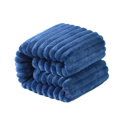 Picture of NTBAY Plush Soft Flannel Baby Blanket, Warm and Cozy Unisex Toddler Blanket with Stripe Pattern for Stroller, Crib, Travel, 30x40 Inches, Navy Blue