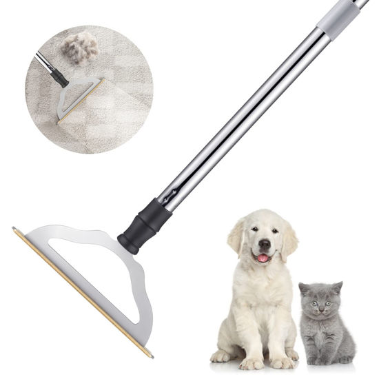Picture of 47“ Adjustable Long Handle Carpet Rake Pet Hair Remover, Reusable Large Metal Lint Remover Brush for Embedded Fur Removal from Low Pile Rugs Stairs, Carpet Brush Scraper Dog Cat Hair Remover Broom