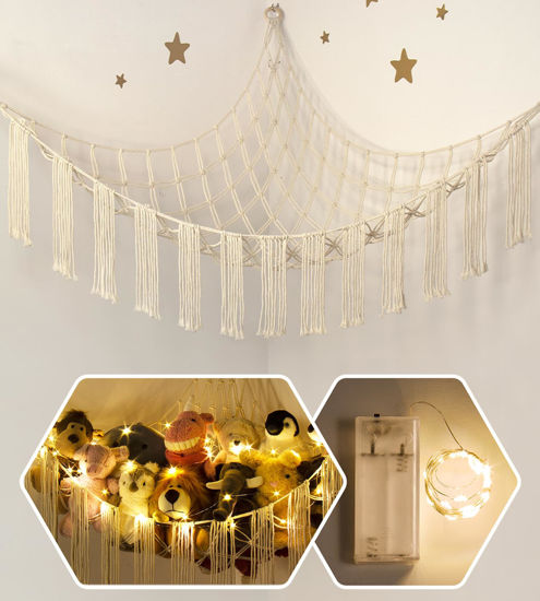Picture of Stuffed Animal Hammock Corner Storage with LED Light - Toy Hammock Large Plushie Net - Stuffed Animal Holder Hanging Organizer - Teddy Bear Hammock Room Decorations Preppy Toddler Kids Room Decor
