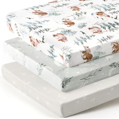 Picture of Stretchy Ultra Soft Jersey Knit Fitted Pack n Play Sheets 3 Pack, Portable/Mini Crib Sheets for Boys and Girls, Universal Fit for Pack N Plays Safe and Snug, Stylish Pattern of Bear and Wolf Print