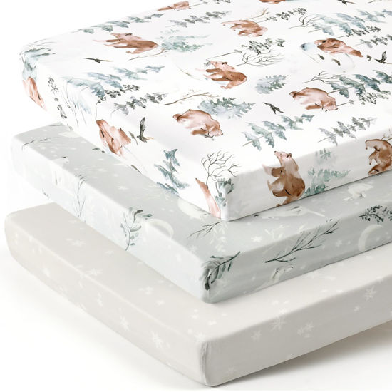 Picture of Stretchy Ultra Soft Jersey Knit Fitted Pack n Play Sheets 3 Pack, Portable/Mini Crib Sheets for Boys and Girls, Universal Fit for Pack N Plays Safe and Snug, Stylish Pattern of Bear and Wolf Print