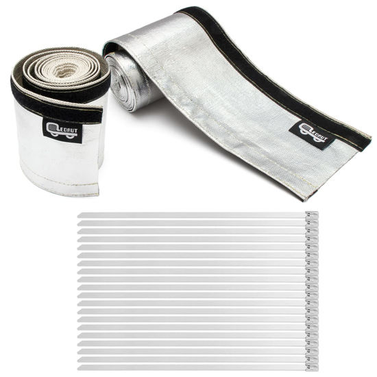 Picture of Heat Shroud Sleeve Aluminized 2 Pcs for Ultimate Heat Protection Hose Wire Shield 1-1/2''I.D. x 10FT, with 20 Pcs 7.8Inch Stainless Steel Cable Metal Zip Ties