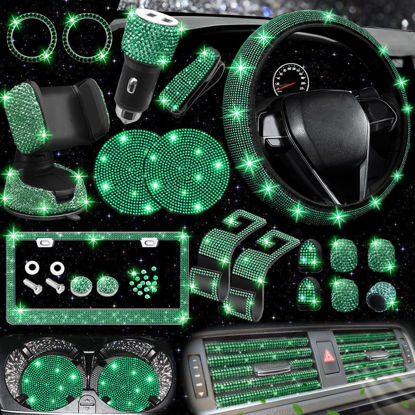 Picture of NBTEPEM 27 PCs Green Bling Car Accessories Set for Women, Bling Steering Wheel Covers Universal Fit 15 Inch, Bling License Plate Frame, Bling Phone Holder, Bling Car Coasters (Green Diamond)