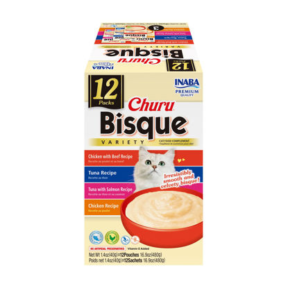 Picture of INABA Churu Bisque for Cats, Creamy Lickable Purée Side Dish with Vitamin E, 1.4 Ounces per Pouch, 12 Pouches, Tuna & Chicken Variety
