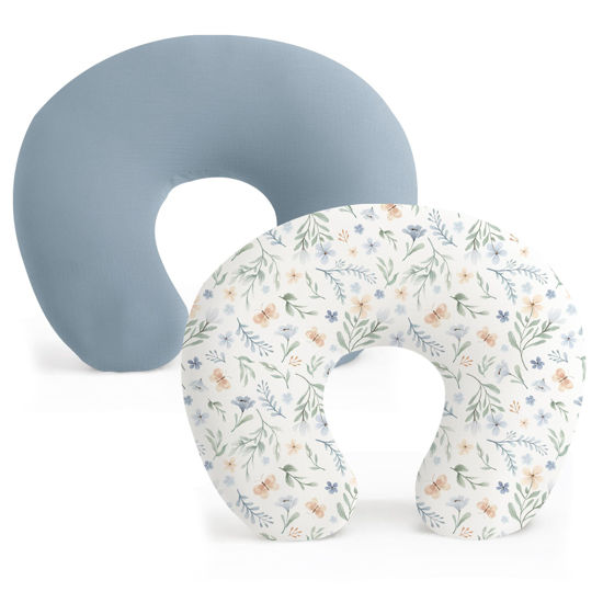 Picture of Konssy 2 Pack Nursing Pillow Covers, Stretchy and Soft Nursing Cover for Breastfeeding Pillows, Pillow Slipcover for Baby Girls Boys Newborn (Blue Grass, Ice Blue)