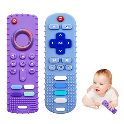 Picture of ERSIHUA 2-Pack Silicone Baby Teething Toys, TV Remote Teethers for 6-12-18 Months Infant, Fire Stick Remote Control Shape Baby Silicone Teethers, Chew Toys for Boys and Girls (New-F Purple+R Blue)