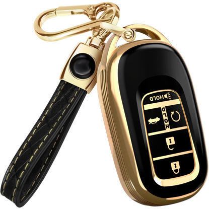 Picture of for 2025 Honda Pilot Key Fob Cover and Leather Keychain - for Honda Accord, Civic, CR-V, HR-V - 2022-2025 Full Cover Key Case - TPU Keyfob Cover Compatible with KR5TP-4 - Black and Gold
