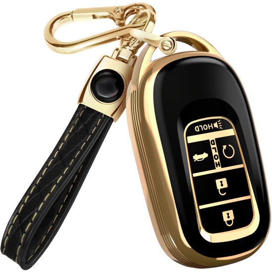 Picture of for 2025 Honda Pilot Key Fob Cover and Leather Keychain - for Honda Accord, Civic, CR-V, HR-V - 2022-2025 Full Cover Key Case - TPU Keyfob Cover Compatible with KR5TP-4 - Black and Gold