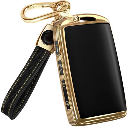 Picture of for Mazda CX5 Key Fob Cover and Leather Keychain - Full Cover Key Case for Mazda 3, 6, CX-5, CX-9, CX-30, CX-50, CX-70 - 2019-2024 TPU Keyfob Cover Compatible with WAZSKE11D0 - Black and Gold