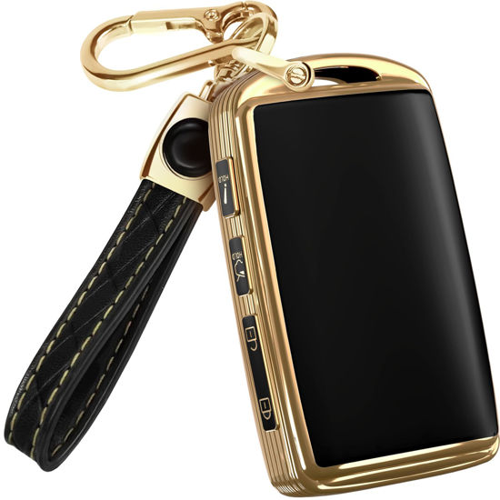 Picture of for Mazda CX5 Key Fob Cover and Leather Keychain - Full Cover Key Case for Mazda 3, 6, CX-5, CX-9, CX-30, CX-50, CX-70 - 2019-2024 TPU Keyfob Cover Compatible with WAZSKE11D0 - Black and Gold