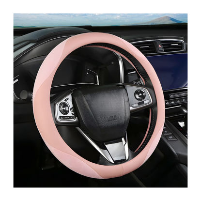 Picture of Steering Wheel Cover for Women and Men, Carbon Fiber Plush Steering Wheel Cover Soft Anti-Slip Comforting, Universal 15 Inches Steering Wheels Accessories (Deep Pink)