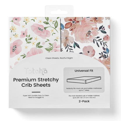 Picture of TotAha Premium Stretchy Crib Sheets (2-Pack)-Hypoallergenic, Silky Comfort, Buttery Soft, Calming Effect, All-Season Jersey-Knit Sheets, 9'' Extra Deep Pocket(Meredith Allover Floral & Pale Pink)