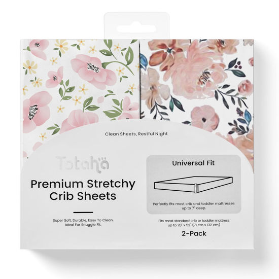 Picture of TotAha Premium Stretchy Crib Sheets (2-Pack)-Hypoallergenic, Silky Comfort, Buttery Soft, Calming Effect, All-Season Jersey-Knit Sheets, 9'' Extra Deep Pocket(Meredith Allover Floral & Pale Pink)