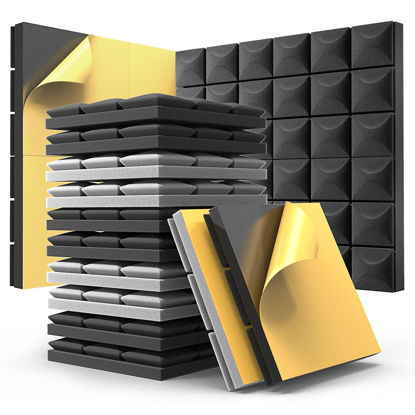 Picture of 12 Pack Sound Proof Foam Panels with Self-Adhesive, 12 X 12 X 2 Inches Acoustic Panels, High Density Soundproof Wall Panels, Studio Acoustic Foam Panels for Office, Bedroom Walls (Black+Gray)