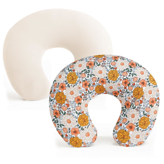 Picture of Konssy 2 Pack Nursing Pillow Covers, Stretchy and Soft Nursing Cover for Breastfeeding Pillows, Pillow Slipcover for Baby Girls Boys Newborn (Beige, Floral)