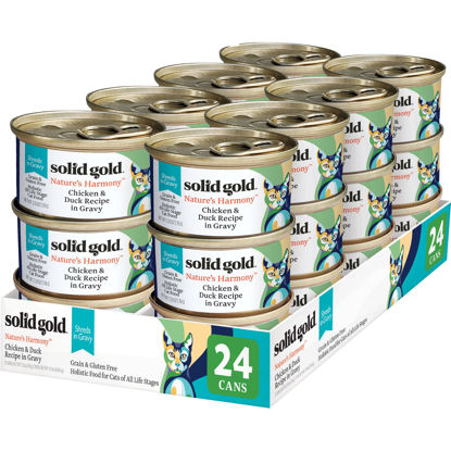 Picture of Solid Gold Canned Cat Food - Nature's Harmony Wet Cat Food Shreds in Gravy - Grain & Gluten Free Cat Wet Food Made with Real Chicken & Duck for Sensitive Stomach Support & Digestive Health - 24 Pack