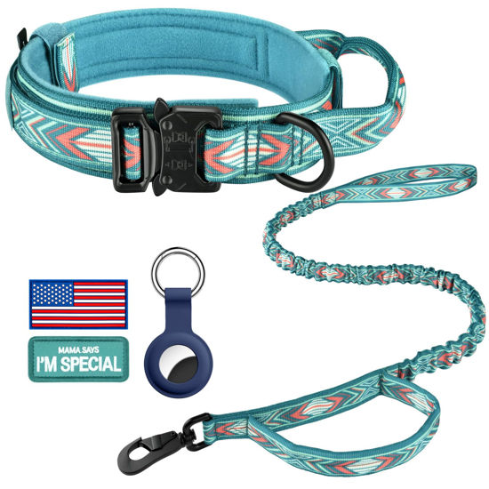 Picture of DAGANXI Tactical Dog Collar, Adjustable Military Training Nylon Dog Collar with Control Handle and Heavy Metal Buckle for Medium and Large Dogs, with Patches and Airtags Case (L, Green Arrow-Set)