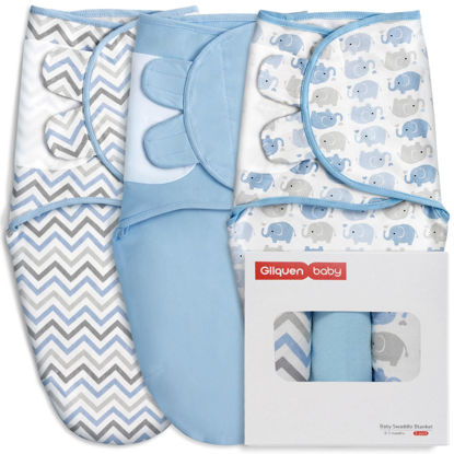 Picture of GLLQUEN BABY Swaddle Sleep Sack - 3 Pack Infant Swaddles for Newborn, Baby Swaddle Sack 0-3 Months, Ergonomic Newborn Swaddle Blanket for Baby Boy and Girl, Blue & Elephants