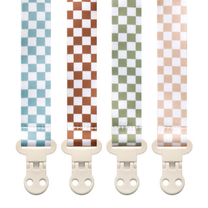 Picture of Baby Pacifier Clip Holder - Girl or Boy Unisex 4 Pack Gift Set - Neutral Modern Retro Checker Green Blue Brown Beige