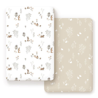 Picture of GRSSDER Stretch Ultra Soft Jersey Knit Fitted Pack n Play Sheets Set 2 Pack, Portable/Mini Crib Sheets for Boys and Girls, Stylish Watercolor Rabbit Pattern