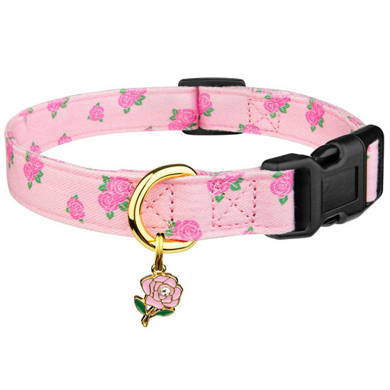 Picture of Cotton Handmade Dog Collar Cute and Distinctive Patterns Pink Rose with Pendant Cute Dog Collars for Small Medium Large Dogs Girl Dogs Boy Dogs S