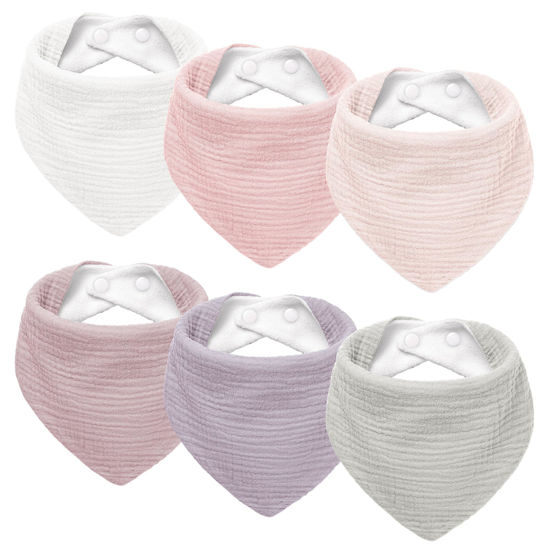 Picture of Susurration Muslin Baby Drool Bibs 6Pack Soft Triangular Adjustable Baby Bandana Bibs for Unisex Girls & Boys (Pink)