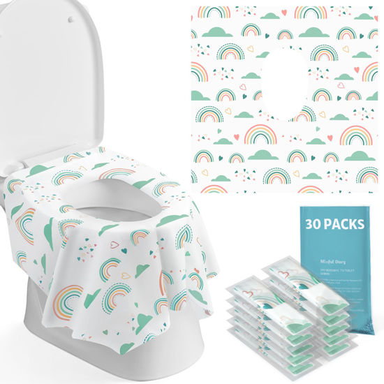 Picture of Blissful Diary 30 Pcs Toilet Seat Covers Disposable for Toddlers & Adults, Extra Large Waterproof, Portable Package for Travel, Kids Potty Training
