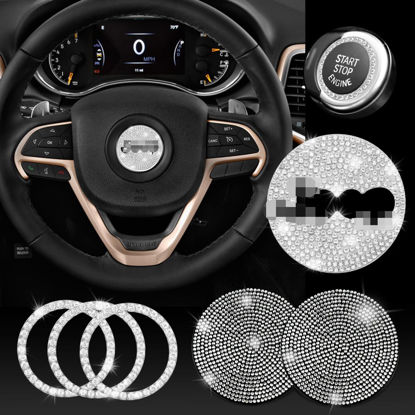 Picture of JINGSEN Bling Car Steering Wheel Decorative Diamond Sticker Compatible with Cherokee Wrangler Compass Grand Cherokee Patriot Renegade,with 2 Pack Silicone Car Coasters