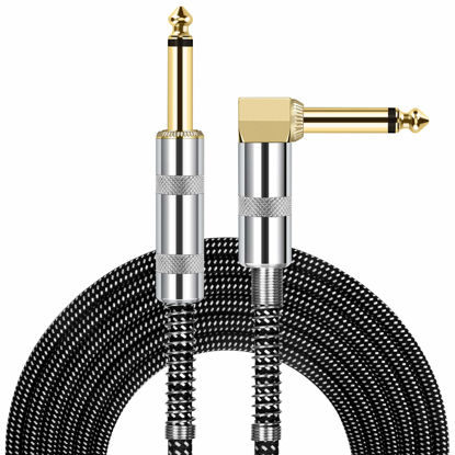 Picture of JOLGOO Guitar Cable, 1/4 Inch Cable 15 Ft, Straight to Right Angle 6.35mm Plug Bass Keyboard Instrument Cable, Black and Gray Tweed Cloth Jacket, Electric Mandolin, pro Audio