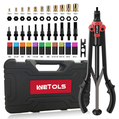 Picture of WETOLS 17" Rivet Nut Tool, Hand Rivet Tool Kit with 11 Metric & SAE Mandrels M3 M4 M5 M6 M8 M10 M12, 10-24, 1/4-20, 5/16-18, 3/8-16, 110pcs Rivnuts, Sturdy Case Packed, Auto Release Nut Design, WE-896