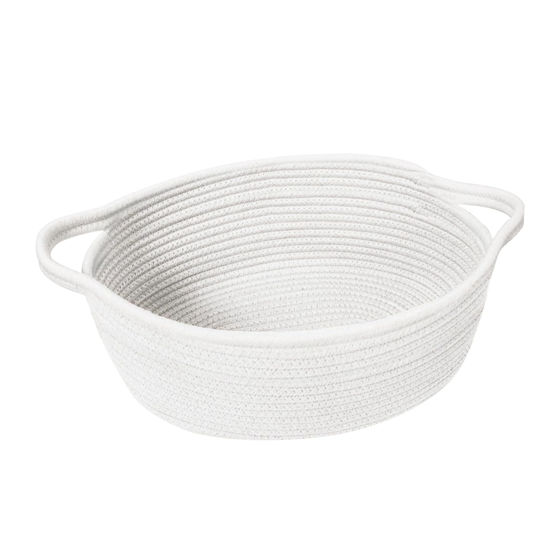 Picture of HONCESTA Small Woven Gift Basket, Baskets for Gifts Empty, Cotton Rope Cat Dog Toy Bin Box, Nursery Baby Basket, Wicker Basket with Handles, Cute Storage Basket for Home Decor, White, 12"x 8"x 5"
