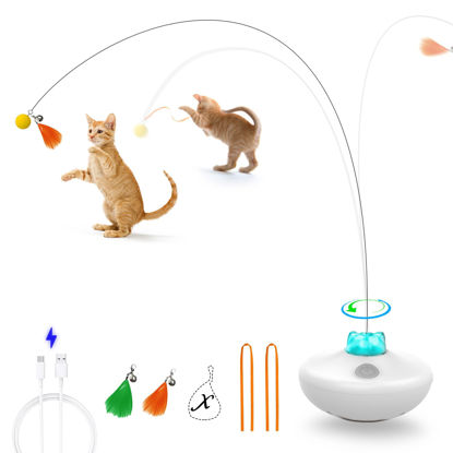 Picture of Oxawo Interactive Cat Toys Cat Exercise Tumbler, Rechargeable Cat Toys for Indoor Cats Spin Butterfly Game Teasing Kitty, Extra Long Feather Wand (P33 cat Toys)