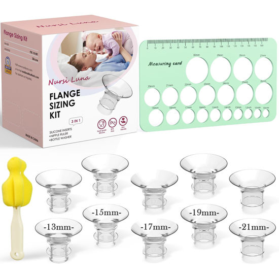 Picture of Nursi Luna Flange Sizing Kit 3 in 1 Ultimate with 10PCS Flange Inserts 13/15/17/19/21mm, Nipple Ruler, Cleaning Brush, Silicone Flange Insert Kit for 24mm Most Pumps, Pumping Breastfeeding Essentials