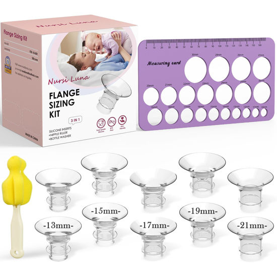 Picture of Nursi Luna Flange Sizing Kit 3 in 1 Ultimate with 10PCS Flange Inserts 13/15/17/19/21mm, Nipple Ruler, Cleaning Brush, Silicone Flange Insert Kit for 24mm Most Pumps, Pumping Breastfeeding Essentials