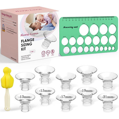 Picture of Nursi Luna Flange Sizing Kit 3 in 1 Ultimate with 10PCS Flange Inserts 13/15/17/19/21mm, Nipple Ruler, Cleaning Brush, Silicone Flange Insert Kit for 24mm Most Pumps, Pumping Breastfeeding Essentials