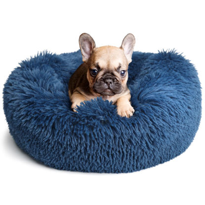 Picture of Small Dog Bed for Calming Dog 19 inches Navy Blue Puppy Bed for Extra Small Dog Bed Washble Anti-Anxiety Puppy Bed Machine Washable Cozy Soft Pet Round Bed Fits up to 15 lbs.