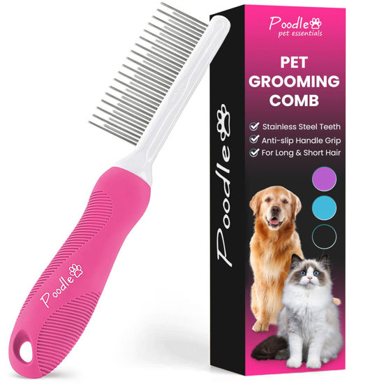 Picture of Poodle Pet Detangling Pet Comb with Long & Short Stainless Steel Teeth for Removing Matted Fur, Knots & Tangles - Detangler Tool Accessories for Safe & Gentle DIY Dog & Cat Grooming (Pink)