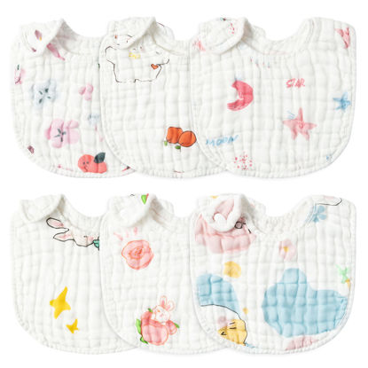 Picture of Zainpe 6Pcs Snap Muslin Cotton Baby Bibs Star Cat Rabbit Pattern Adjustable Feeding Bib Machine Washable Unisex Burp Cloths with 6 Absorbent & Soft Layers for Infant Toddler Newborn Eating Drooling