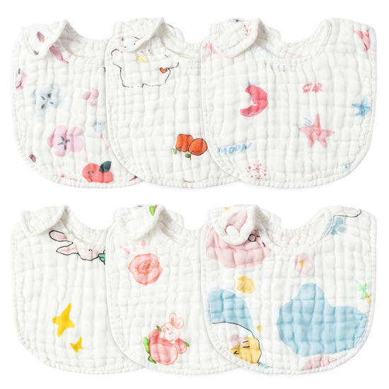 Picture of Zainpe 6Pcs Snap Muslin Cotton Baby Bibs Star Cat Rabbit Pattern Adjustable Feeding Bib Machine Washable Unisex Burp Cloths with 6 Absorbent & Soft Layers for Infant Toddler Newborn Eating Drooling