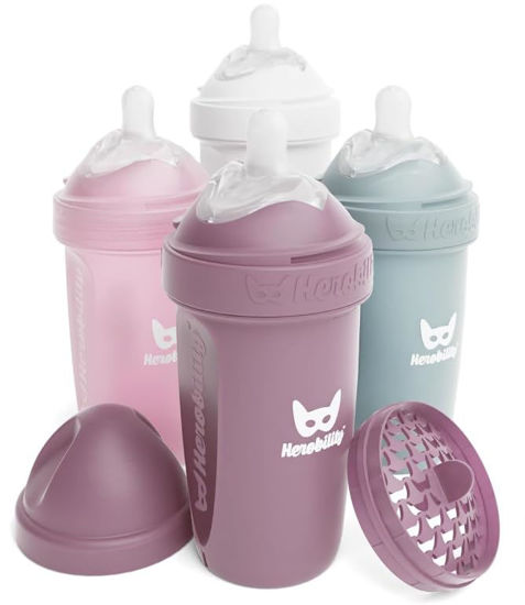 Picture of Herobility Double Anti-Colic Baby Bottles - 8.5 fl oz/240ml - 4-Pack - Multicolor - White, Gray, Pink, Hawthorn Rose
