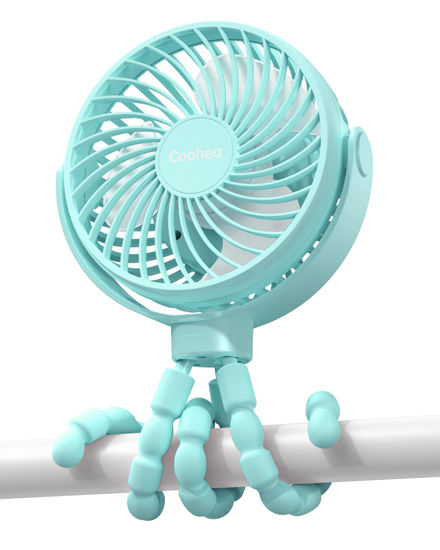 Picture of Coohea Stroller Fan Battery Operated Fan USB Rechargeable Portable Fan Small Baby Fan with Flexible Tripod Cooling Fan Clip on for Stroller Car Seat Backseat Crib Bike Trip Beach, 3 Speeds Wind, Blue