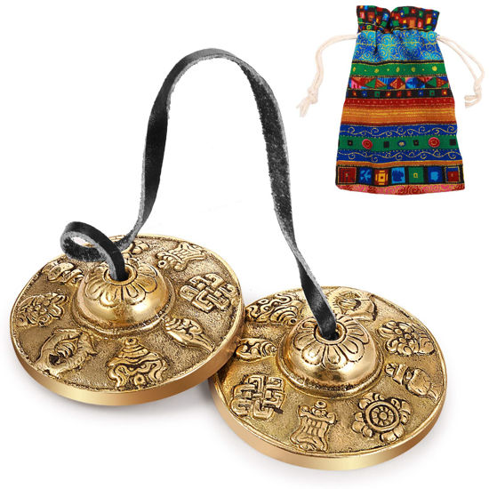Picture of Boao Tibetan Tingsha Cymbals Meditation Chime Bells with Tibetan Drawstring Cloth Bag, 6.3 cm Meditation Chime Bells, for Percussion Instrument(8 Lucky Symbols Embossed)