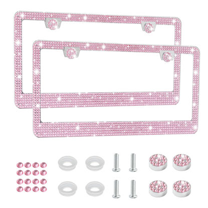Picture of Amiss Bling License Plate Frame for Women, 2Pack Rhinestone Handcrafted Crystal Premium Stainless Steel, Stainless Steel Car Accessories with Diamond Sparkle Glitter Caps (Pink)