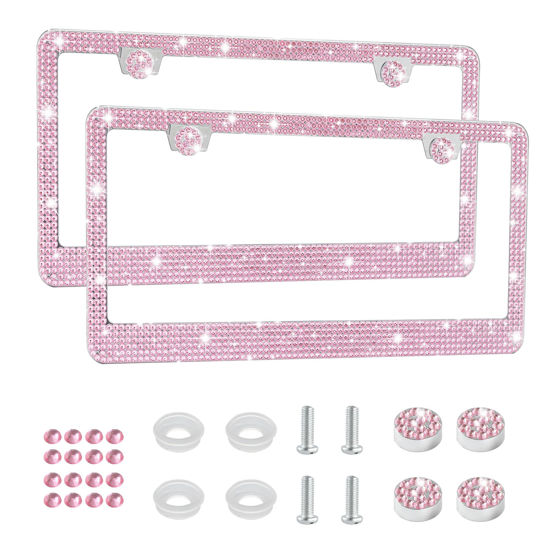 Picture of Amiss Bling License Plate Frame for Women, 2Pack Rhinestone Handcrafted Crystal Premium Stainless Steel, Stainless Steel Car Accessories with Diamond Sparkle Glitter Caps (Pink)